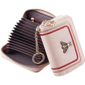 Women Pink Zipper Credit Card Case Holder Key Chain Bee Wallet Coin Pocket